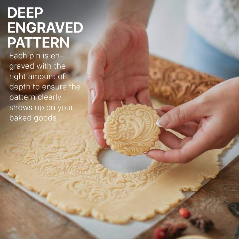 Flexzion Embossed Rolling Pins with Patterns for Baking, 7.7-inch Engraved Wooden Rolling Pin with Snowflake Flower Pattern Rolling Pin for Baking Pastry Pizza Dough Fondant Cookie Pie Crust Pasta - Image 4